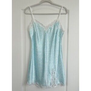 Victorias Secret Womens Babydoll Slip M Blue Animal Print Lace Trim Satin Fairy